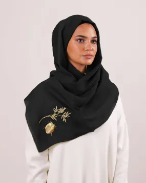 Black Tarha with Gold Ladybugs Embroidery "Rowan Tree"