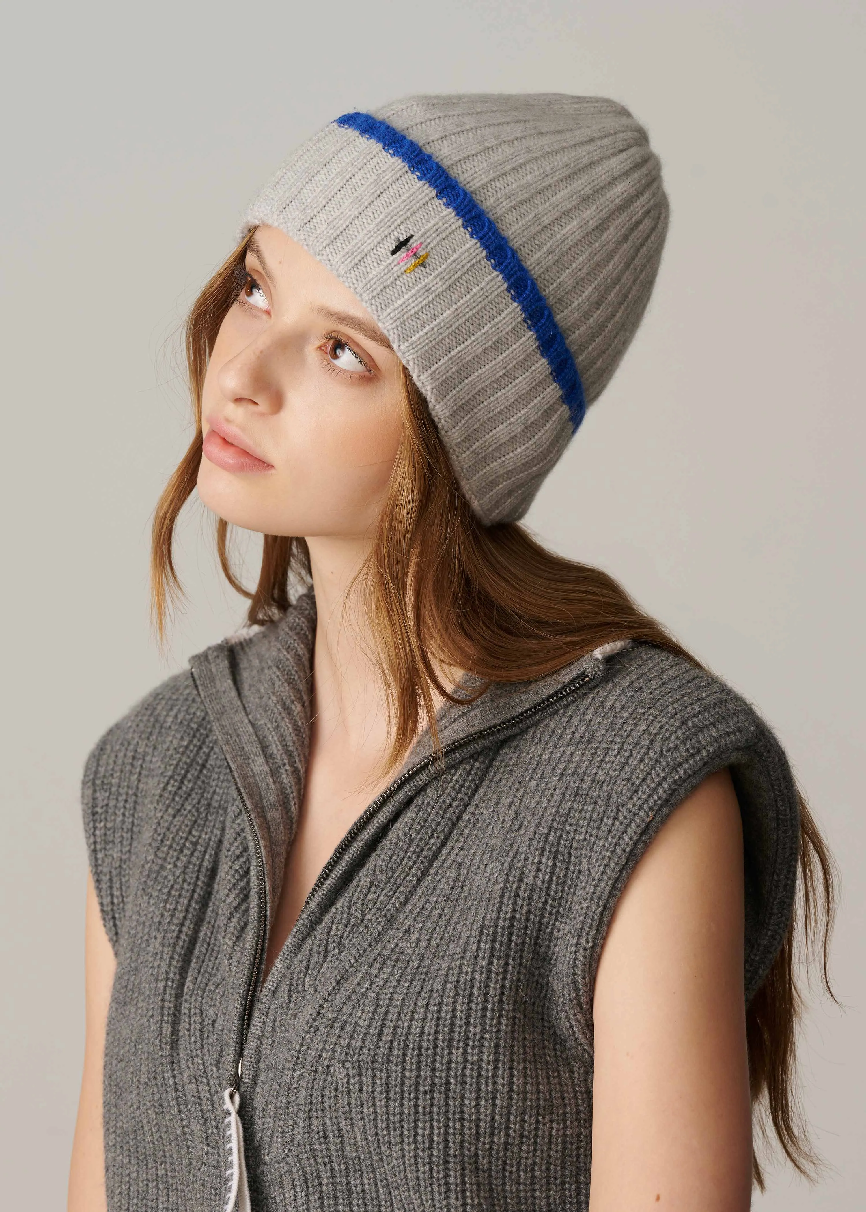 Cashmere Rib Knit Beanie - Grey with Blue Stripe