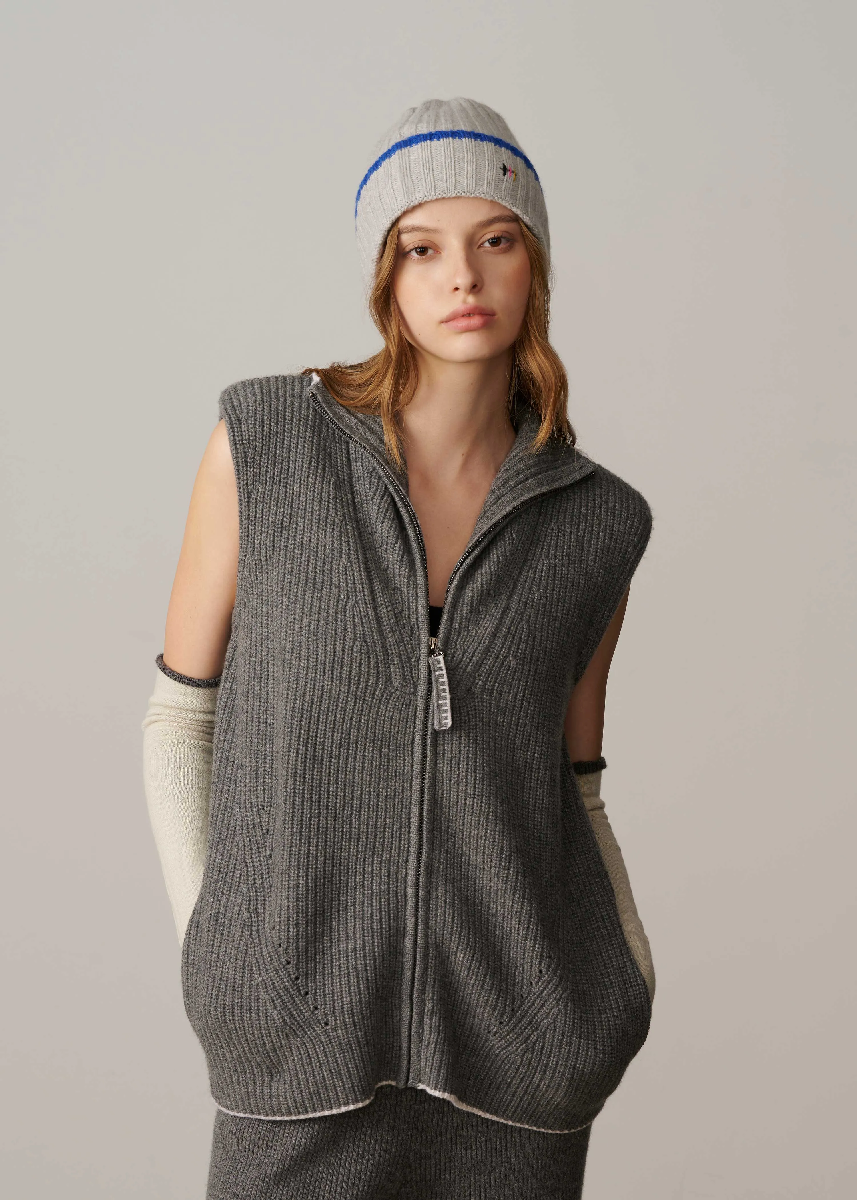 Cashmere Rib Knit Beanie - Grey with Blue Stripe