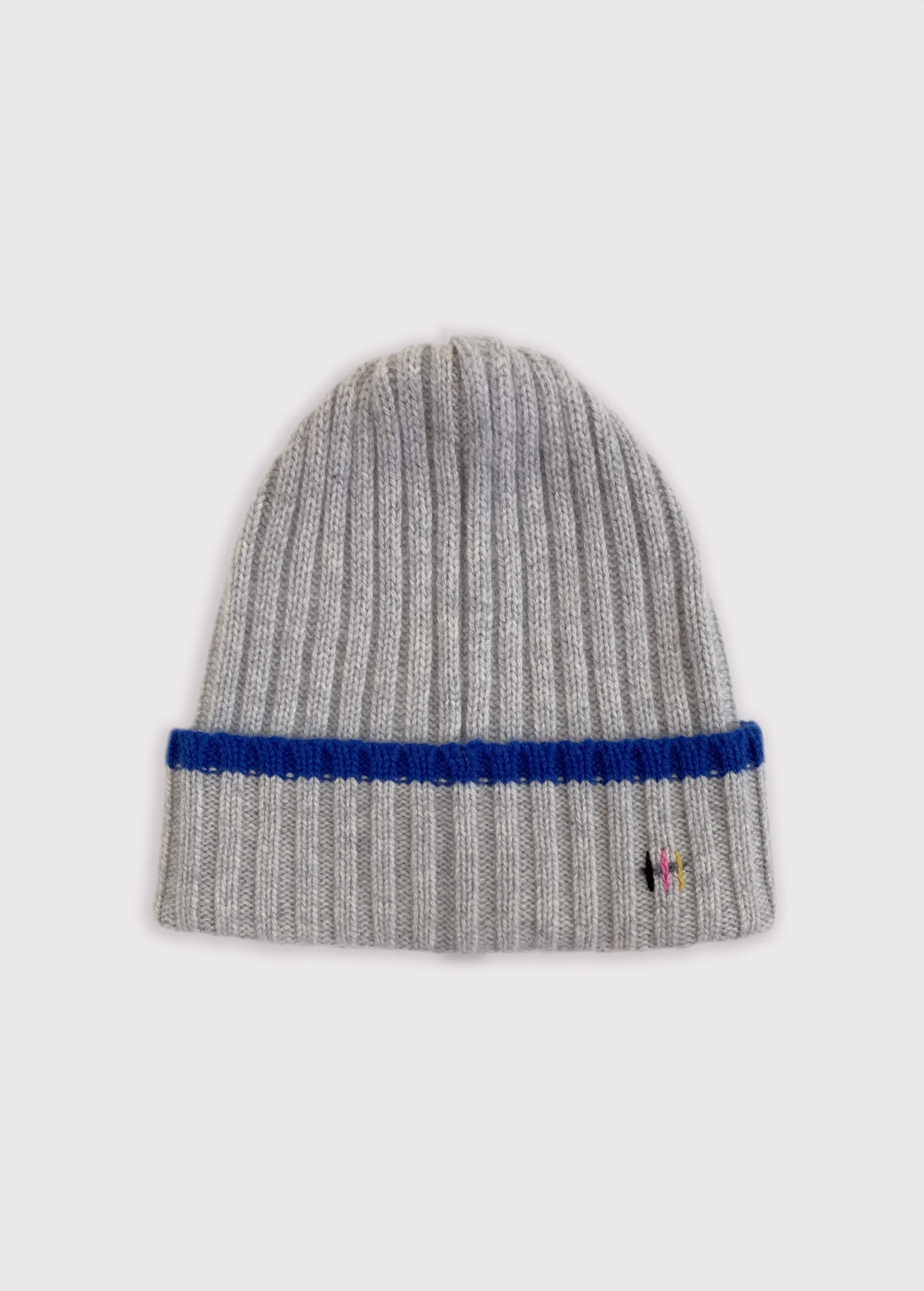 Cashmere Rib Knit Beanie - Grey with Blue Stripe