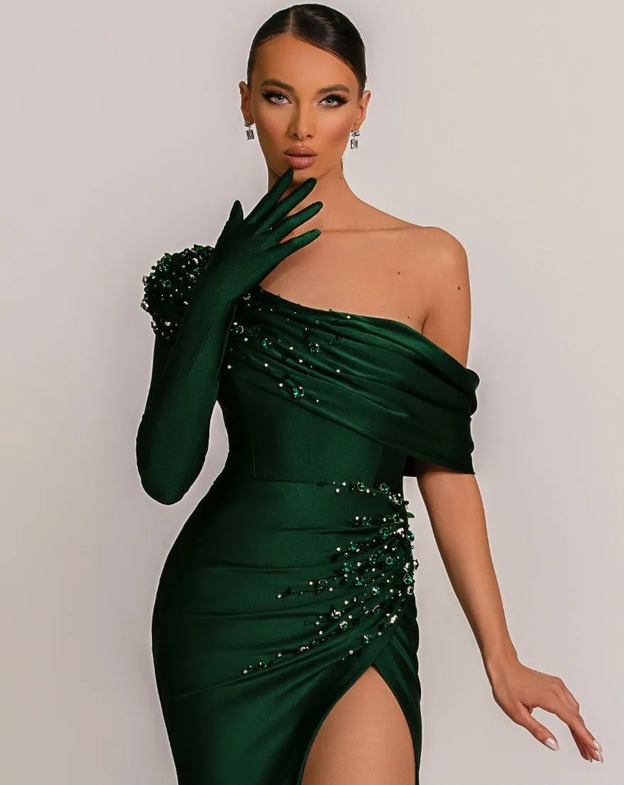 Charlee Elegant One Sleeve With Gloves Green Evening Dress