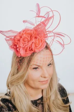Coral Pink Flower Feather And Net Pillbox Style Fascinator