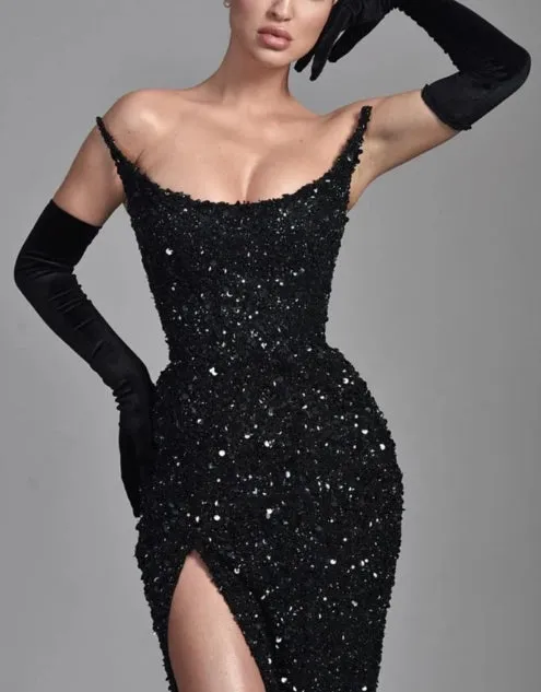 Elegant Black Long Evening Dress With Sequins And Slit Off Shoulder Sparkly Party Dress No With Gloves