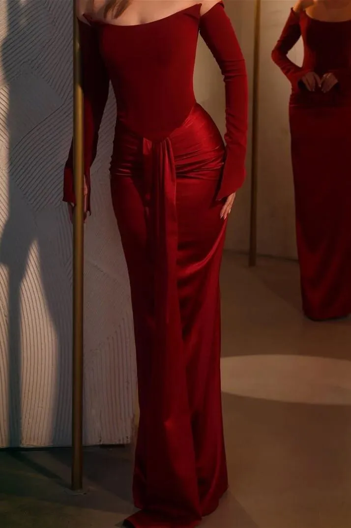 Elegant Burgundy Satin Strapless Slim Long Pleated Prom Dress with Gloves | Ballbellas