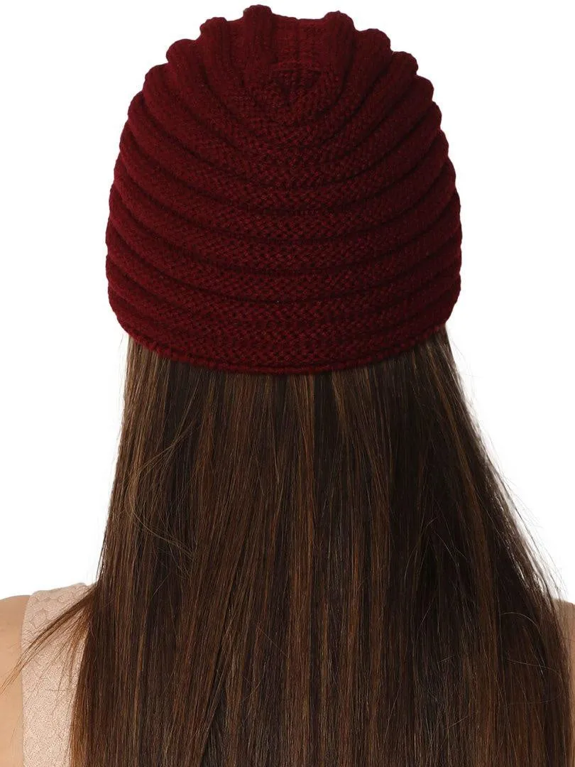 FabSeasons Maroon Acrylic Woolen Skull Cap for Women, fits like a Turban