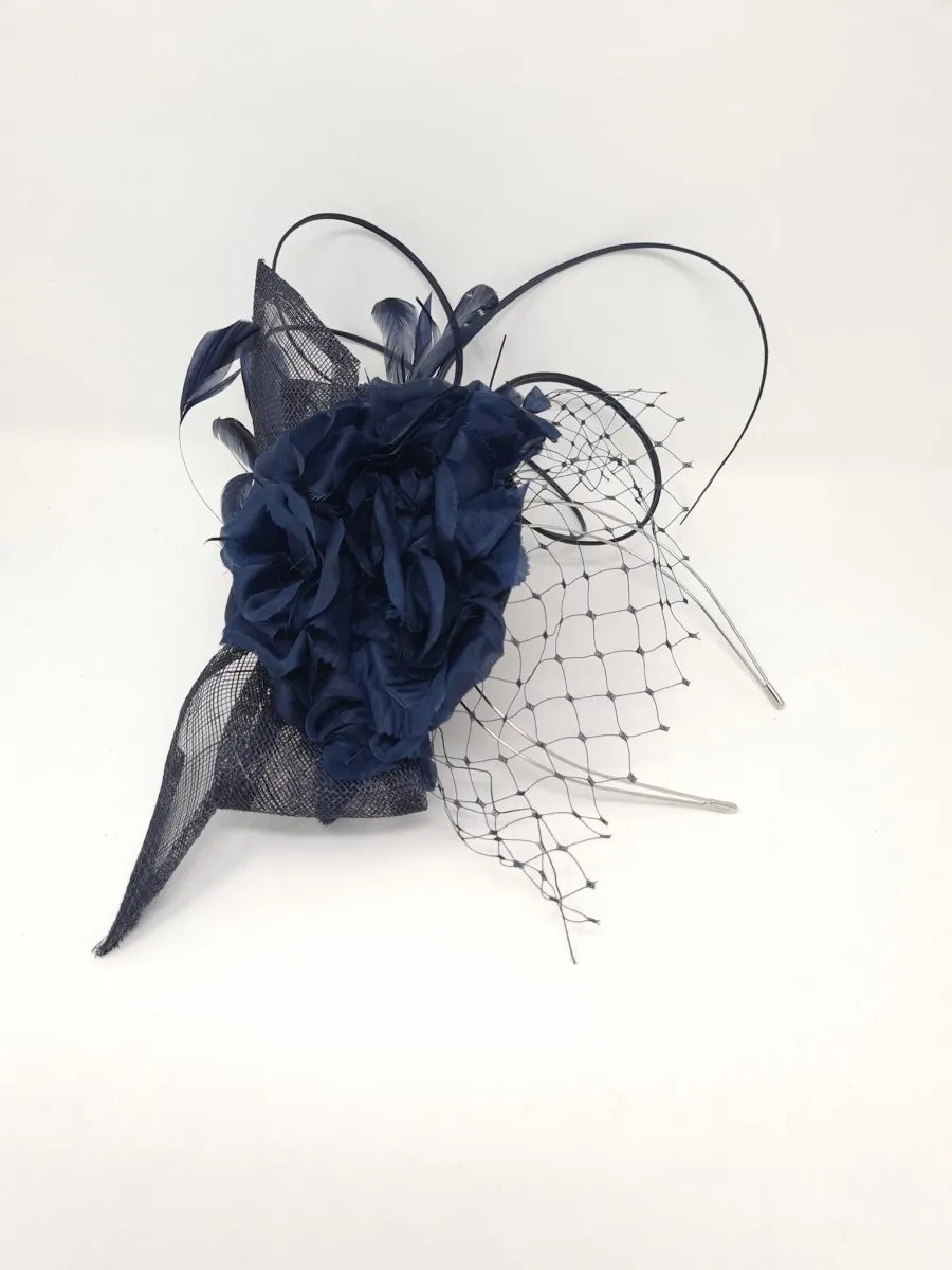 Navy Flower Feather And Net Pillbox Style Fascinator