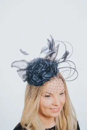 Navy Flower Feather And Net Pillbox Style Fascinator