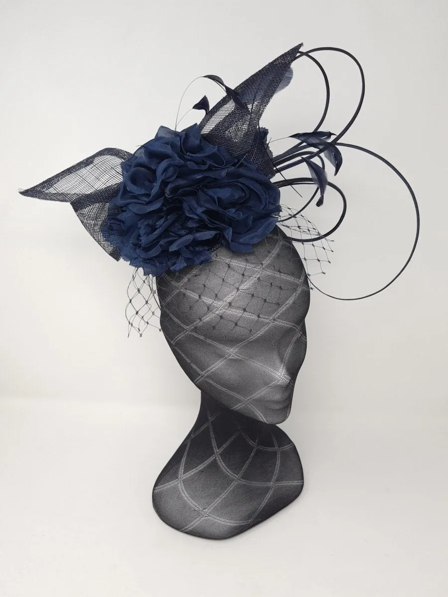 Navy Flower Feather And Net Pillbox Style Fascinator