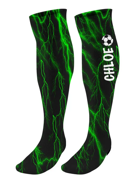Personalized Soccer Knee High Socks - Lightning Background