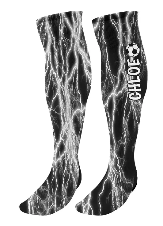 Personalized Soccer Knee High Socks - Lightning Background