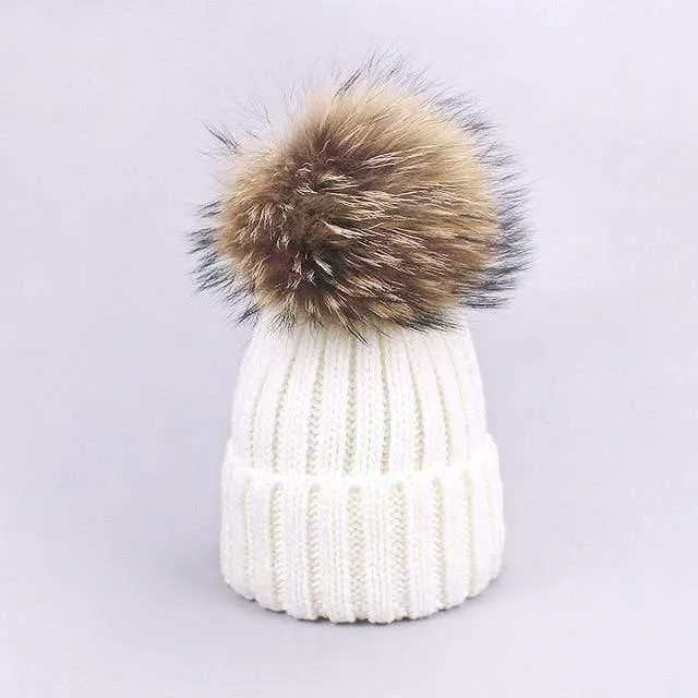 Women and Kids Winter Hat and Scarf With Real Fur Pompom