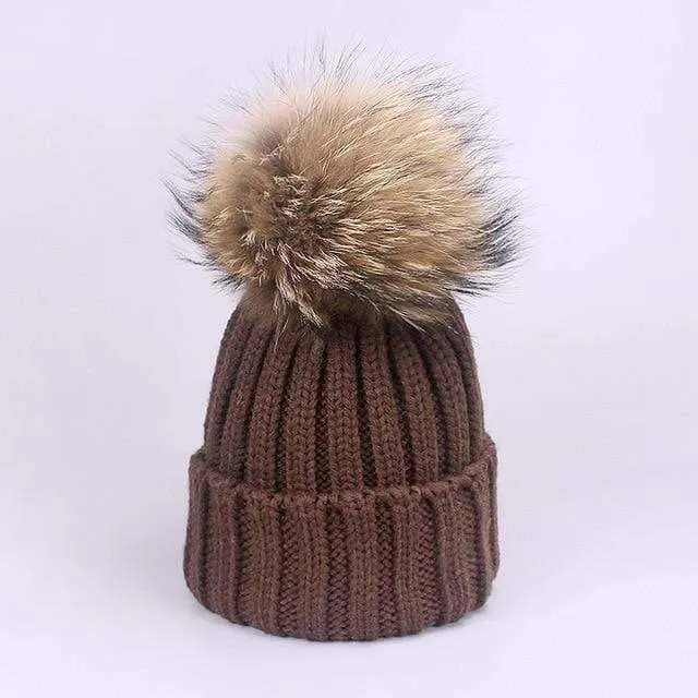 Women and Kids Winter Hat and Scarf With Real Fur Pompom